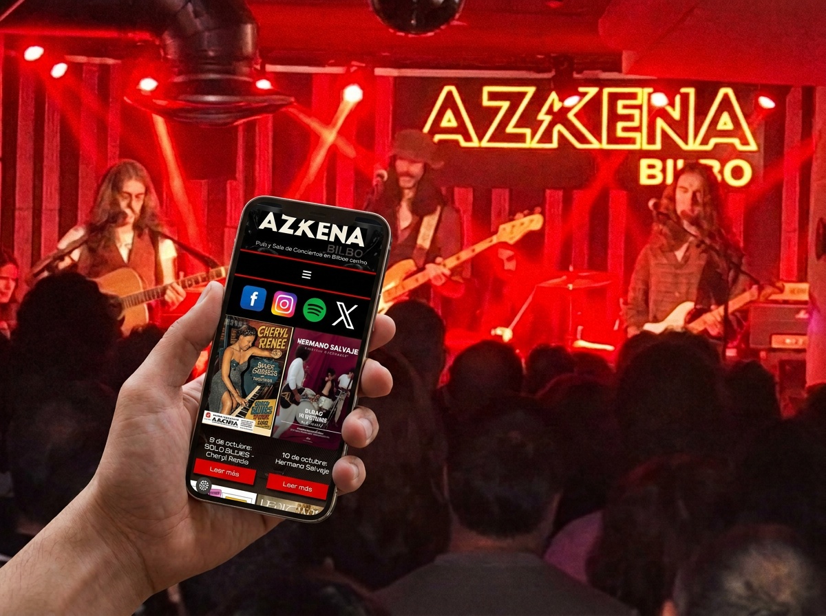Concierto en Sala Azkena Bilbo con el móvil en primer plano mostrando su difusión digital