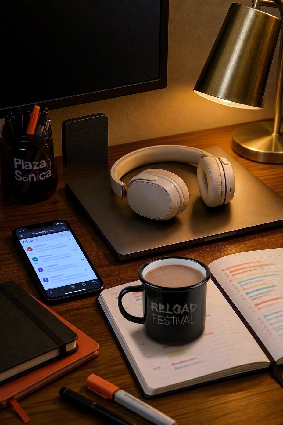 Escritorio de trabajo de Plaza Sónica con portátil, cascos, móvil, agenda semanal, pantalla apagada y disco duro externo